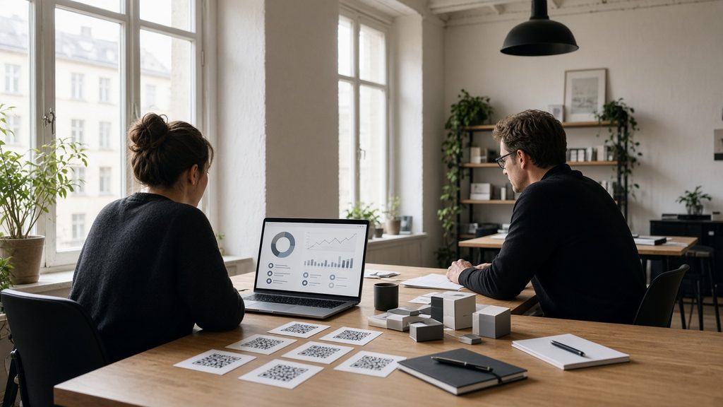 Agenturteam am Tisch mit Laptop, Statistik im Panel und gedruckten QR-Karten.