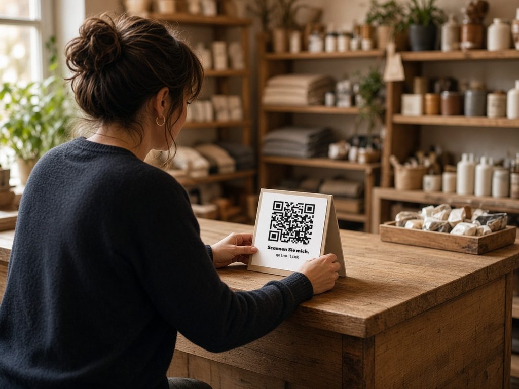 Ladeninhaberin stellt einen Tischaufsteller mit QR-Code und der Adresse qelno.link auf die Theke.
