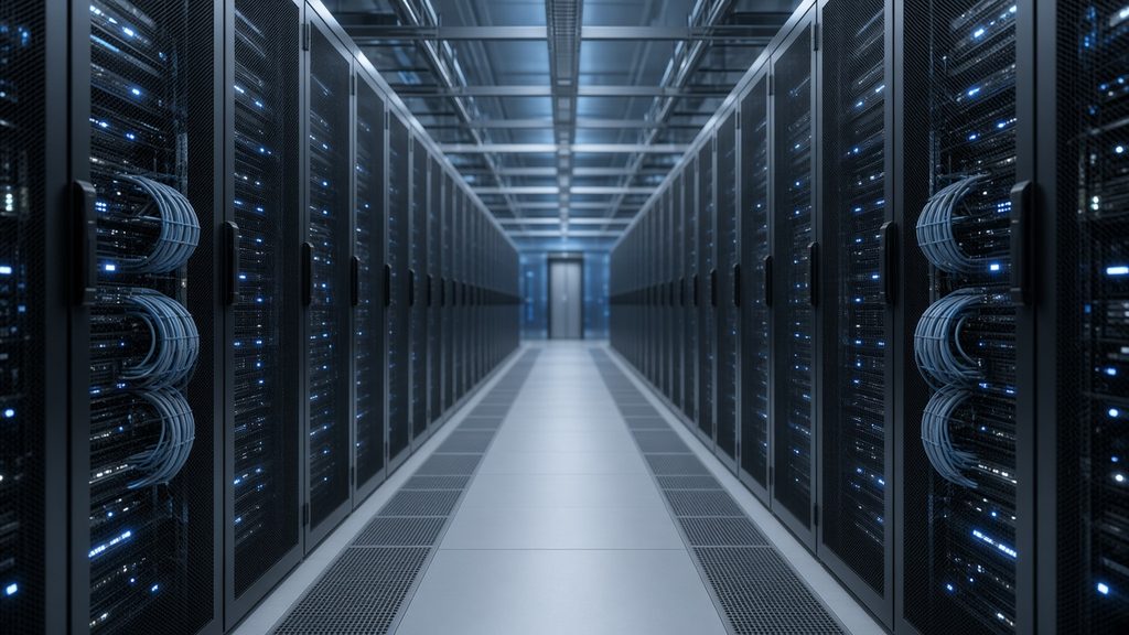 Aisle in a data centre between two rows of server racks with blue status lights.